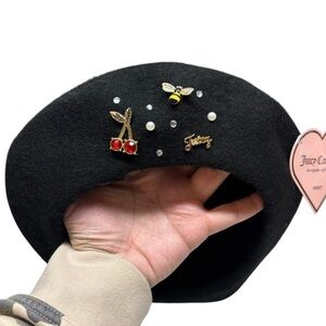 NWT Juicy Couture Wool Blend Black Beret Hat Juicy, Bee & Cherry Charm OS